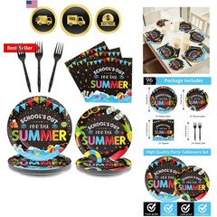 96 Pieces End of School Theme Tableware Set for Kids Class Summer Table Deco…