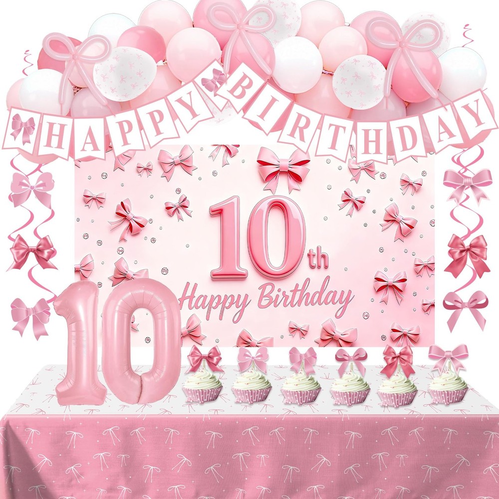 Pink Bow 10th Birthday Decorations for Girls, Coquette Themed 10 Year Old Gir…