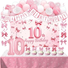 Pink Bow 10th Birthday Decorations for Girls, Coquette Themed 10 Year Old Gir…
