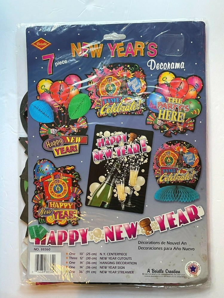 1998 Beistle Co. 7 Piece New Year’s Decorama Centerpiece, Cutouts, Streamer, Etc