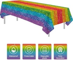 3-Pcs Rainbow Tablecloth Set 55×86 in Glitter for Birthday & Pride Celebrations