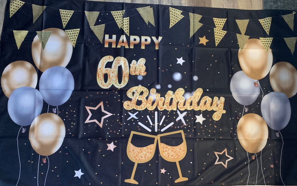 Happy 60th Birthday Backdrop 71”x43”Black, Gold, Silver