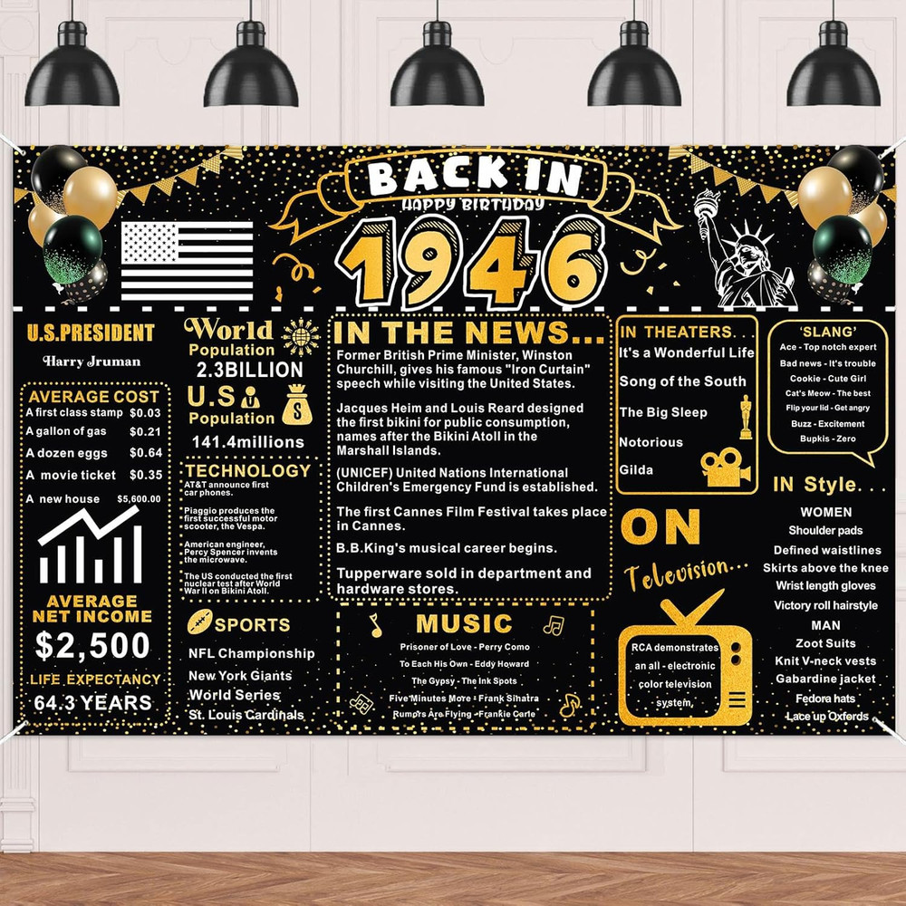 Back in 1946 Gold and Black 80Th Birthday Decorations Happy 80Th Birthday Banner