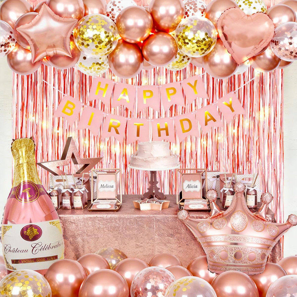 Rose Gold Birthday Decorations for Women with Happy Bithday Banner, Curtains, Bo