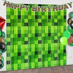 Green Pixel Foil Curtains Video Game Parties Photo Booth Decorations 2 Pack New