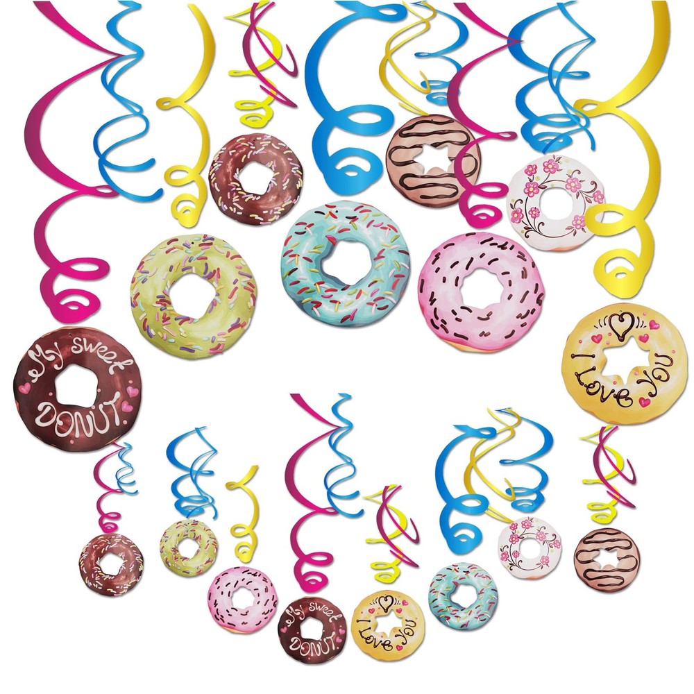 30Ct Donut Hanging Swirl Decorations Cute Party Decor Foil Ceiling Streamers