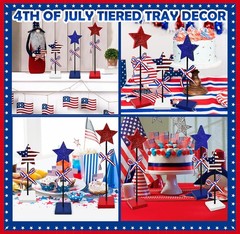 Patriotic Stars Wooden Table Decoration Centerpiece Block Red White Blue