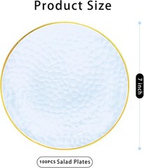 100 Pcs Blue Gold Rim Disposable Plates 7 Inch Hammered Salad Dessert Party
