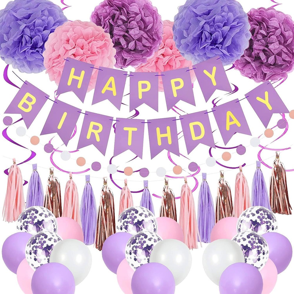 Purple Pink Birthday Party Decorations for Women Girls with Happy