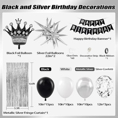 Black Birthday Decorations for Men with White Black and Silver Balloons Banner