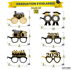 , Black and Gold Graduation Glasses – Pack of 12 | Graduation Photo Props, Gradu