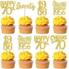 30PCS Happy 70th Birthday Cupcake Toppers Gold Glitter Seventy Straight Outta