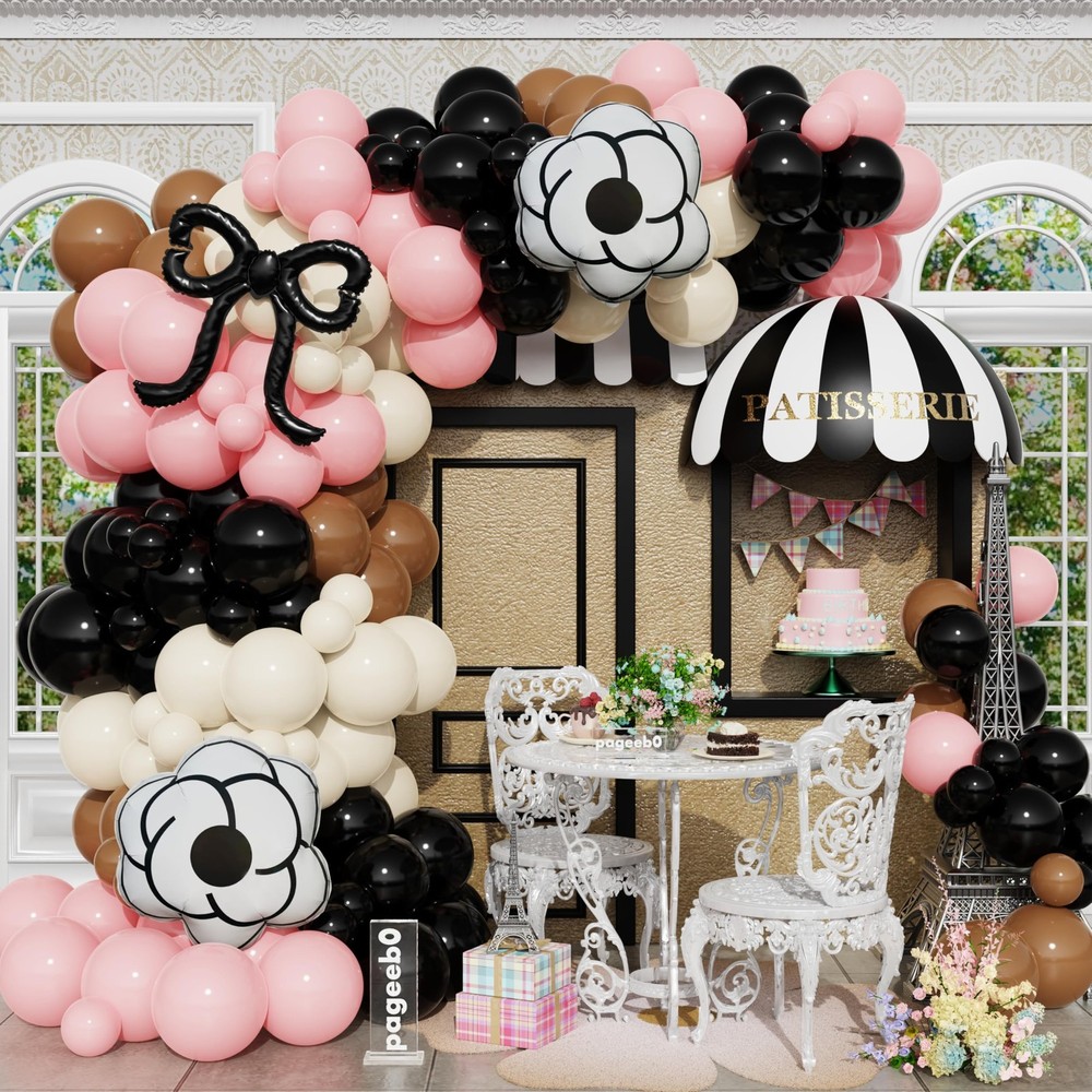 Paris Party Decorations, Pastel Pink Black Balloons with Black Bow Camellia F…