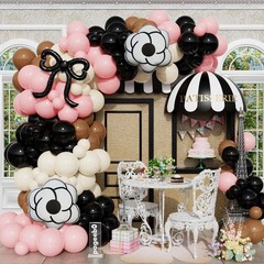 Paris Party Decorations, Pastel Pink Black Balloons with Black Bow Camellia F…