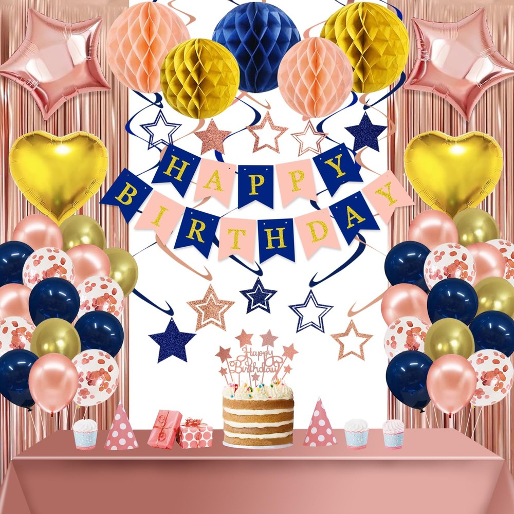 Navy Rose Gold Pink Birthday Party Decorations Supplies Happy Birthday Banner…