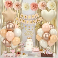 Blush Beige Decorations Nude Gold Balloons Happy Banner Cake Topper Fringe Cu…