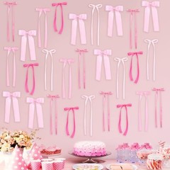 60PCS Bow Birthday Party Decorations, 3 Sizes Bow Wall Decor, Ribbon Bows Pink