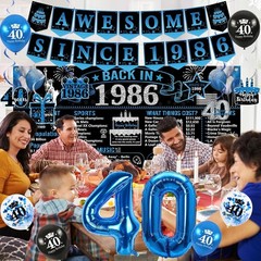 40th Birthday Decorations for Men, 20PCS Black Blue Back in 1986 Birthday Par…
