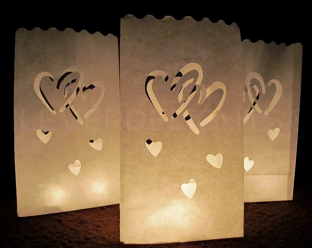 Interlocking Hearts White Luminary Bags – 30 Count – Wedding Party Luminaria