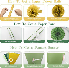Sage Green Gold Party Decorations, Paper Fans Honeycomb Balls Circle Garlands fo