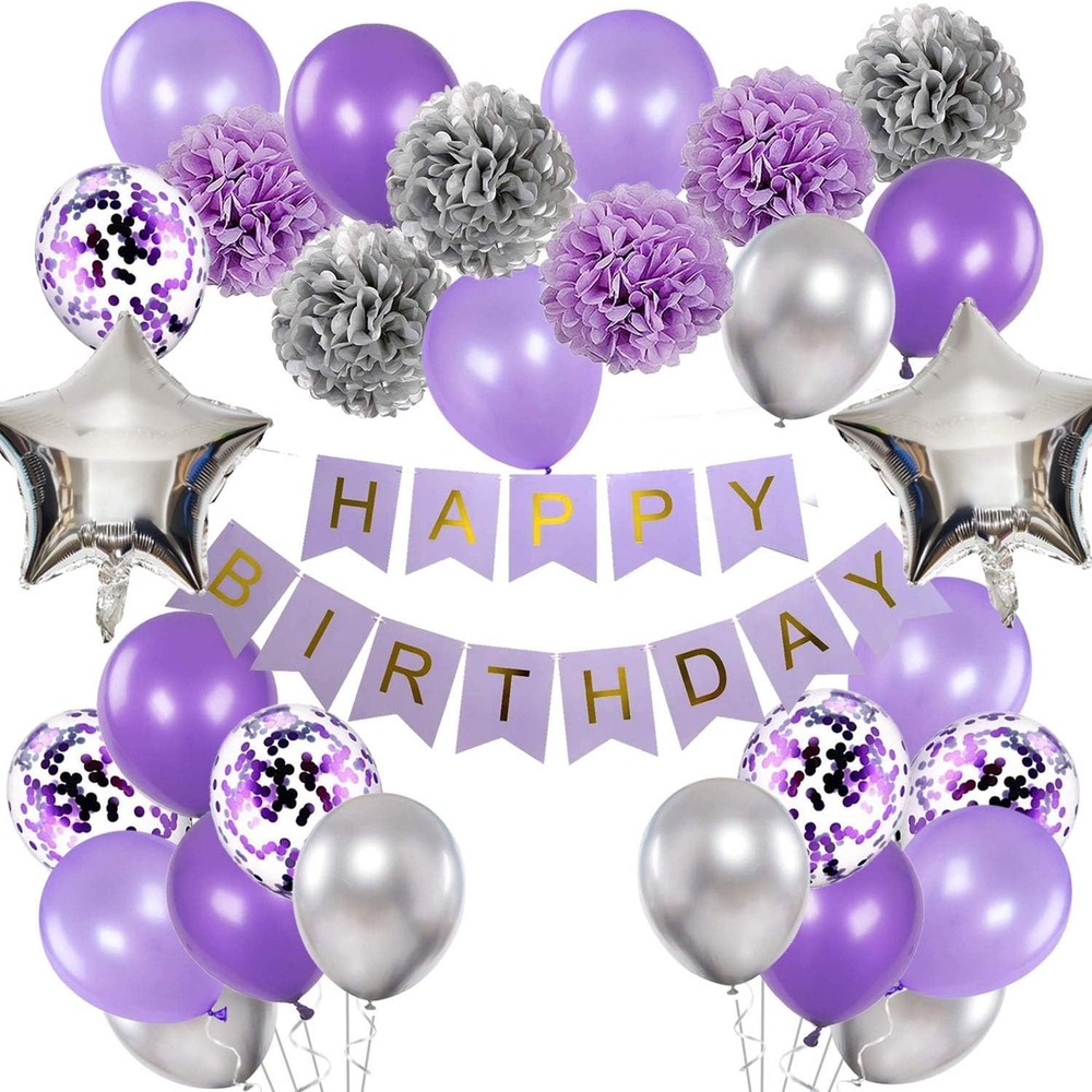 Birthday Decorations for Girls Purple and Silver Lavender Party Decor Kit