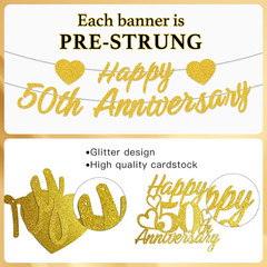 Pre-Strung Glitter 50Th Anniversary Banner Decorations, Happy 50Th Wedding Anniv