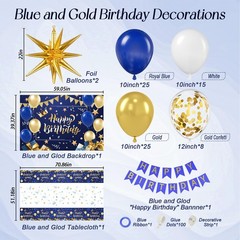 Blue and Gold Birthday Decorations, Blue Gold White Foil Balloons Happy Birth…