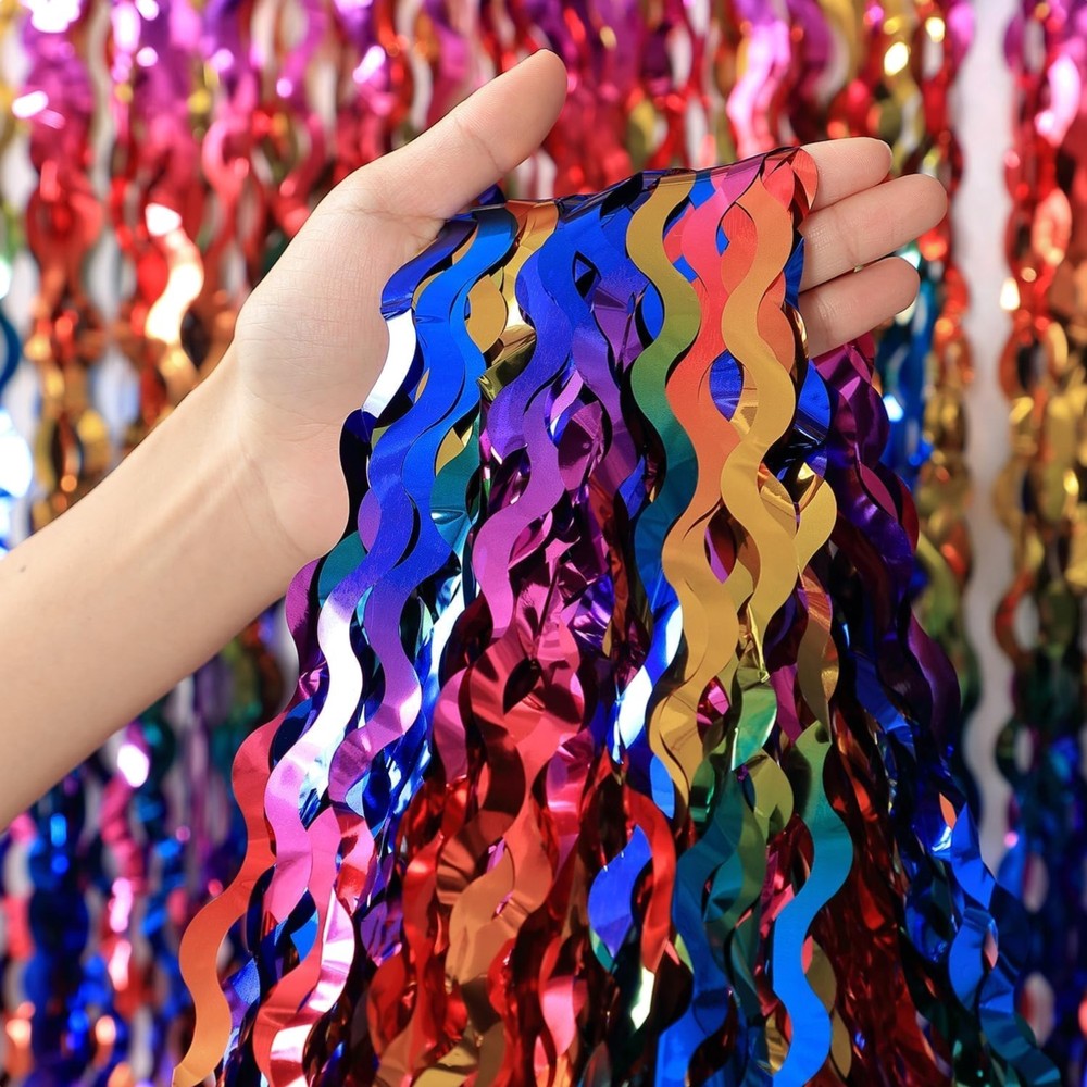 3 Pack Colorful Foil Fringe Curtain Backdrop – 6.6 x 3.3 ft Wavy Rainbow Tins…