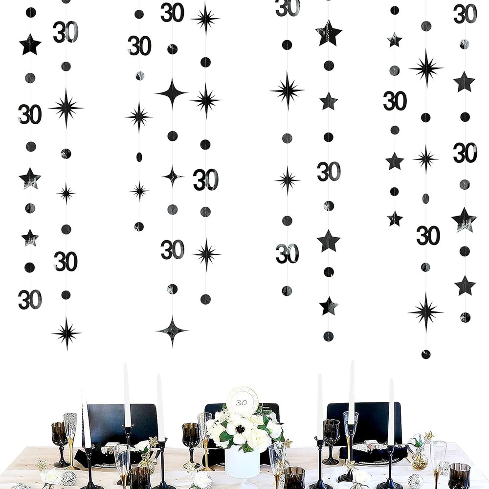 Black 30th Birthday Decorations Number 30 Circle Dot Twinkle Star