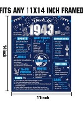 80th Birthday Decor Poster, Back In 1943 11”x14” Unframed (blue/silver) – NEW
