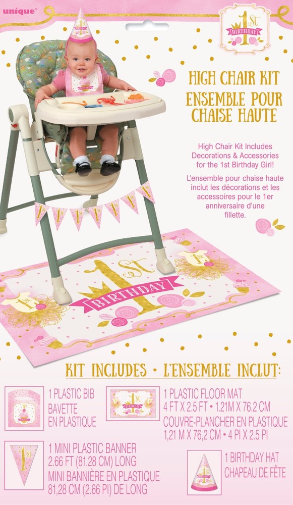 Pink Gold Girls Highchair Decorating kit Bib Hat Banner Mat 1st Birthday