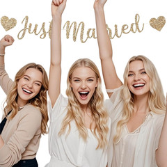 Pre-Strung Just Married Banner, No DIY Just Married Sign Decorations with Gold G