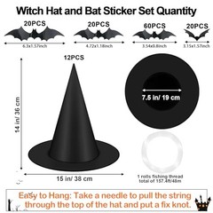 12pcs Halloween Black Witch Hat with 157 FT Nylon Cord &120pcs Bat Sticker