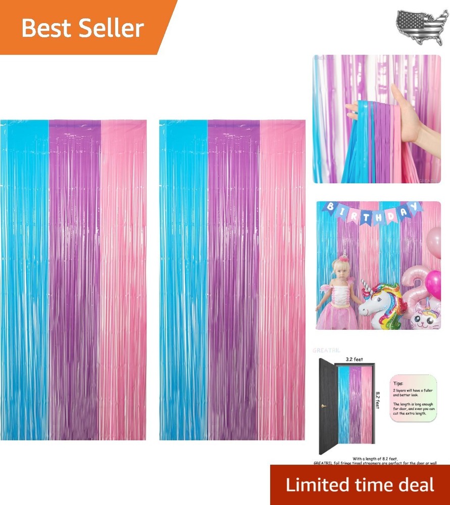 Enchanting Blue Purple Pink Tinsel Backdrop – 2-Pack for Magical Parties