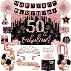 50th Birthday Decorations for Women, 32pcs Rose Gold, Black