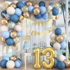 13th Birthday Decorations for Girls Boys, Dusty Blue Cream White Gold 13 Ball…