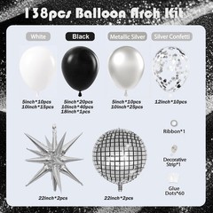 Black Silver Balloon Arch Kit 138Pcs Black White Metallic Silver Confetti Dis…