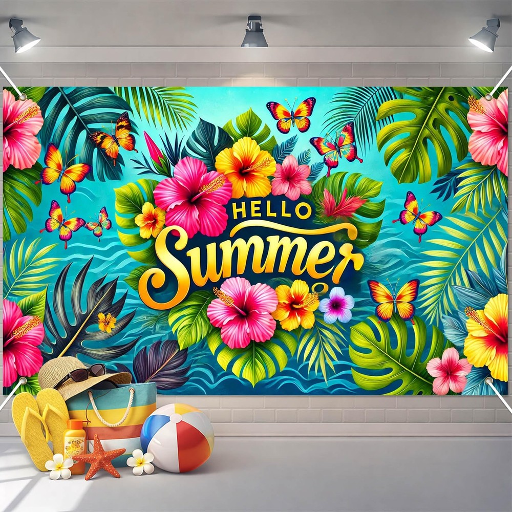 HOMETITUTE Hello Summer Banner 71 x 43 inch Hawaiian Beach#005