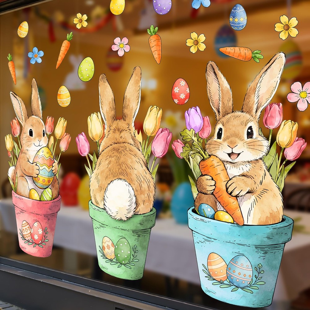 Easter Decorations Window Clings: Cute Little Bunny in the Potted Floral, Rust