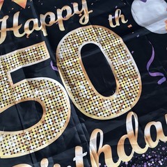 Big Happy 50th Birthday Banner – Purple & Gold 5ft 10inches Wide, 3ft 10” long