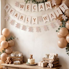 2 Pcs Beige Brown We Can Bearly Wait Banner Neutral Bow Bear Baby Shower Part…