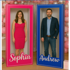 Barbie and Ken Photo Booth, pink and blue box, cardboard material
