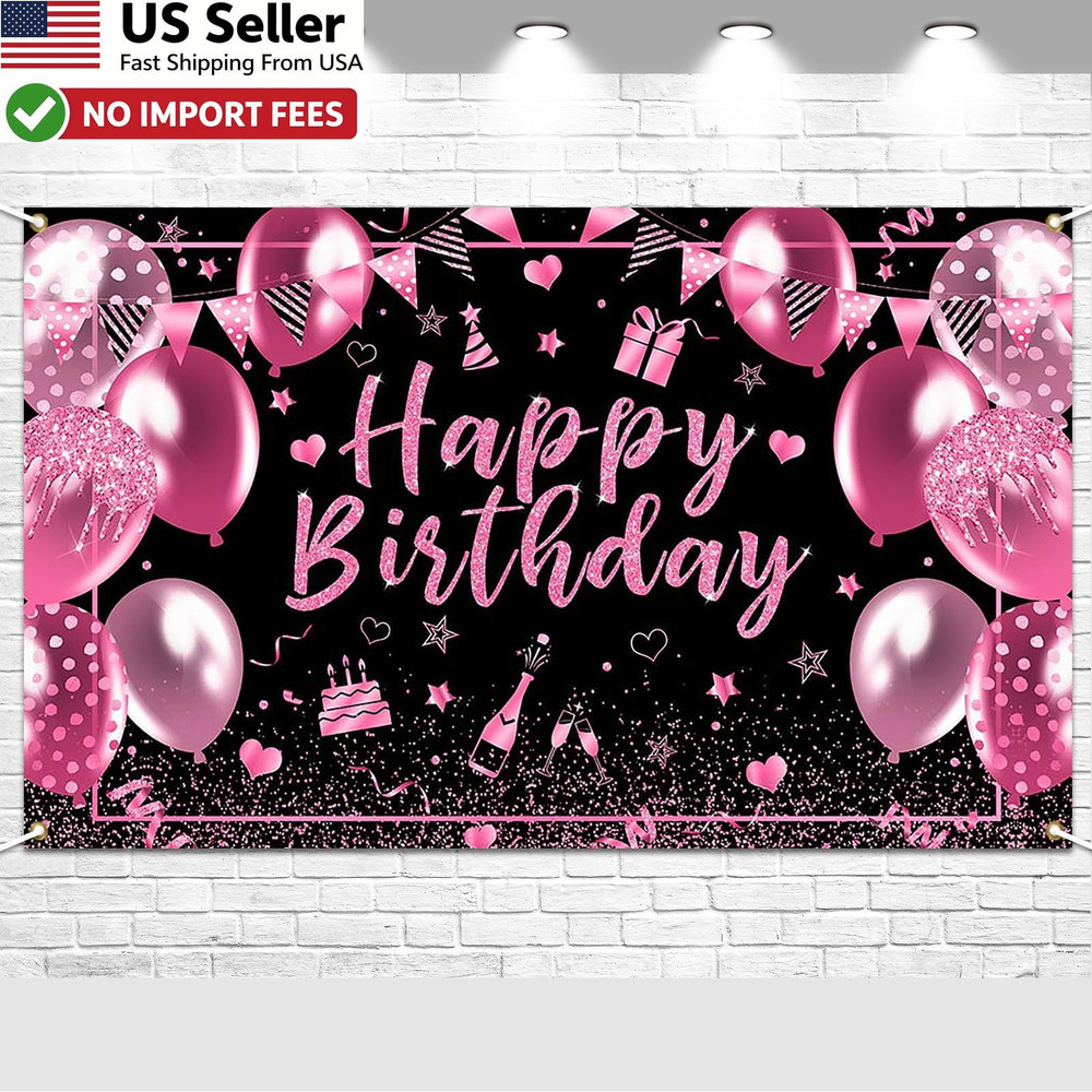 Pink & Black Happy Birthday Banner Backdrop 6×3.6ft Decorations Men Women Kids