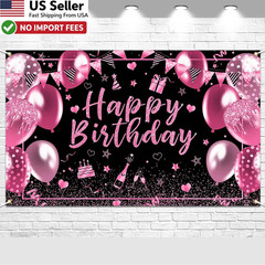 Pink & Black Happy Birthday Banner Backdrop 6×3.6ft Decorations Men Women Kids