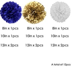 12 PCS Navy Blue Gold White Tissue Paper Pom Poms Flowers Ceiling Wall Hanging
