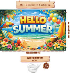 Hello Summer Banner, Tropical Beach Photo Backdrop for Summer Party Decorations,