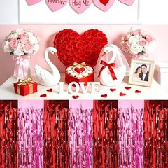 Red Pink Foil Fringe Table Skirts, 4 Pack 108 x 30 inch, Festive Tinsel Table…