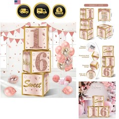 3Pcs Sweet 16 Party Decorations Boxes for Girls Women, Pink Rose Gold 16th Bi…