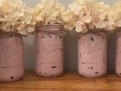 6 Pink Distressed Painted Mason Jars With Flowers- Party Table Centerpieces-
