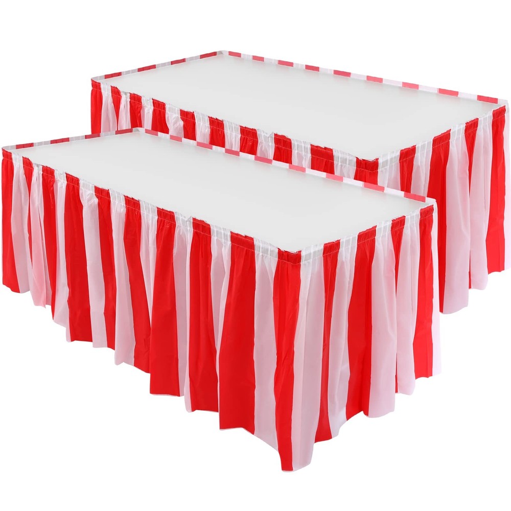 2 Pieces Red White Striped Table Skirt Circus Theme Table Skirt For Carnival Hom